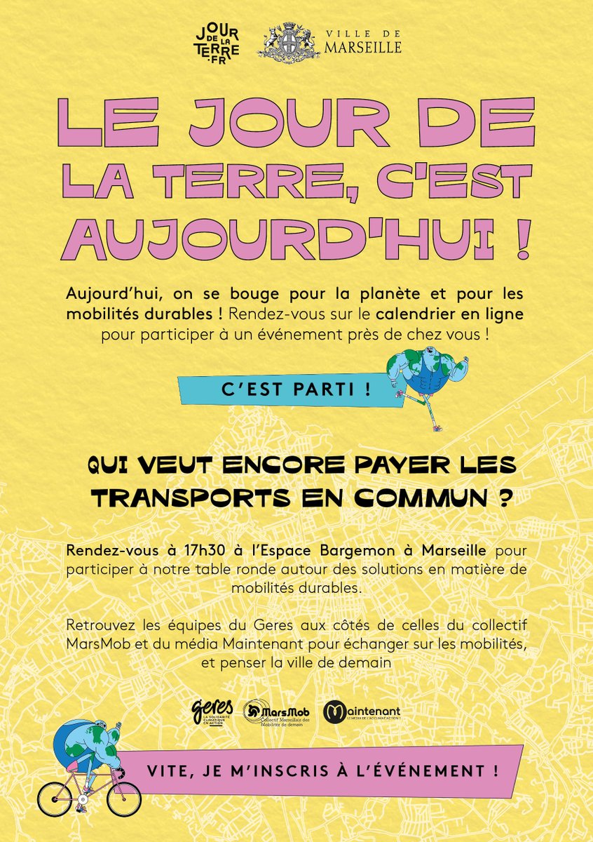 [#JDLT2024] LE JOUR DE LA TERRE C’EST AUJOURD’HUI !🌍 Rendez-vous à 17h30 à l’Espace Bargemon, #Marseille 💫 ow.ly/9IuN50RjP2R 🚴 Sinon, retrouvez ici 👉ow.ly/pG5o50RjP2U tous les #événements organisés en France pour le Jour de la Terre !