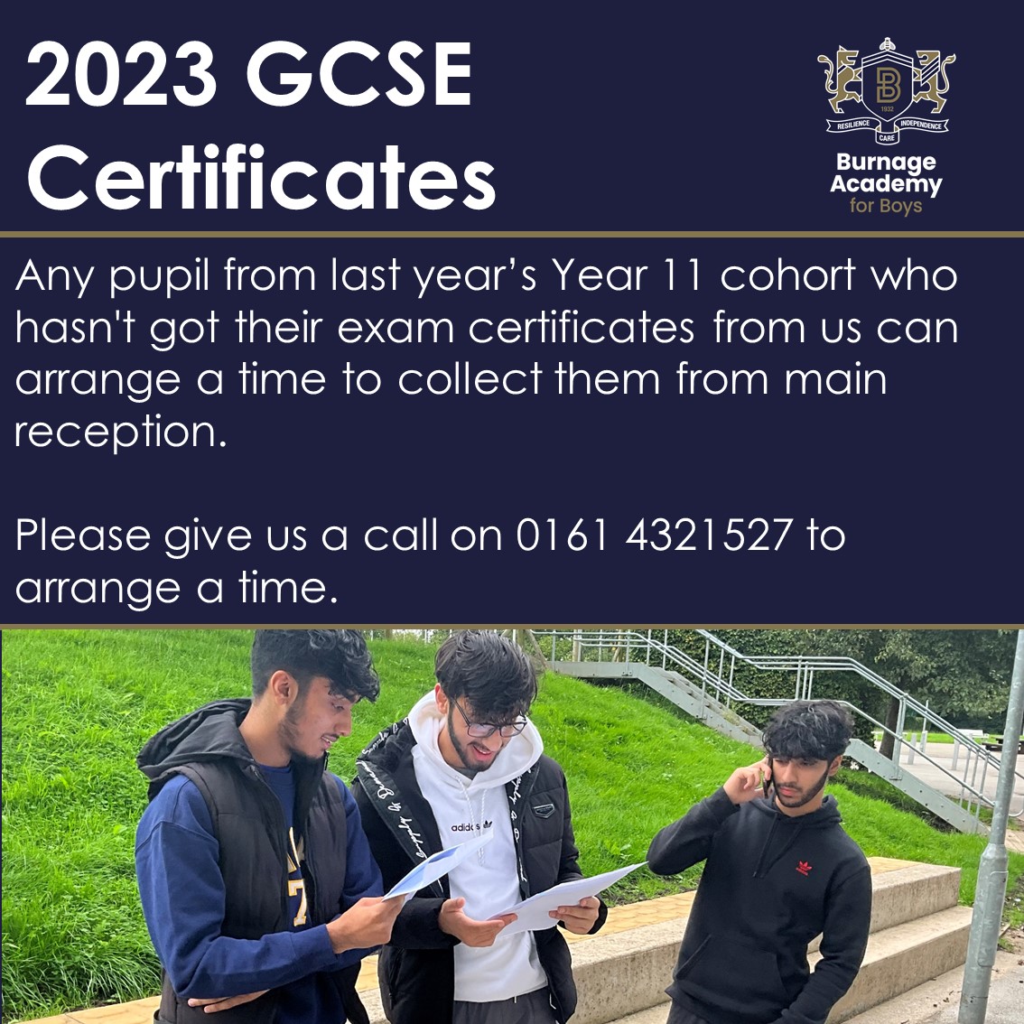 Pupils from last year's cohort who haven't got their certificates can arrange a time to collect them from main reception.