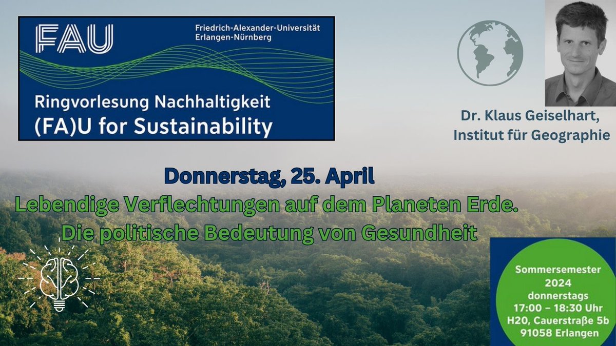 #Nachhaltigkeit ist wichtig für die #UniFAU. In allen Wissenschaftsbereichen beschäftigen sich Forschende damit. 
Im 2. Vortrag unserer Ringvorlesung '(FA)U for Sustainability' geht es um die politische Bedeutung von #Gesundheit. 
📆25.4., ab 17.00 Uhr
📍H20, Cauerstraße 5 b