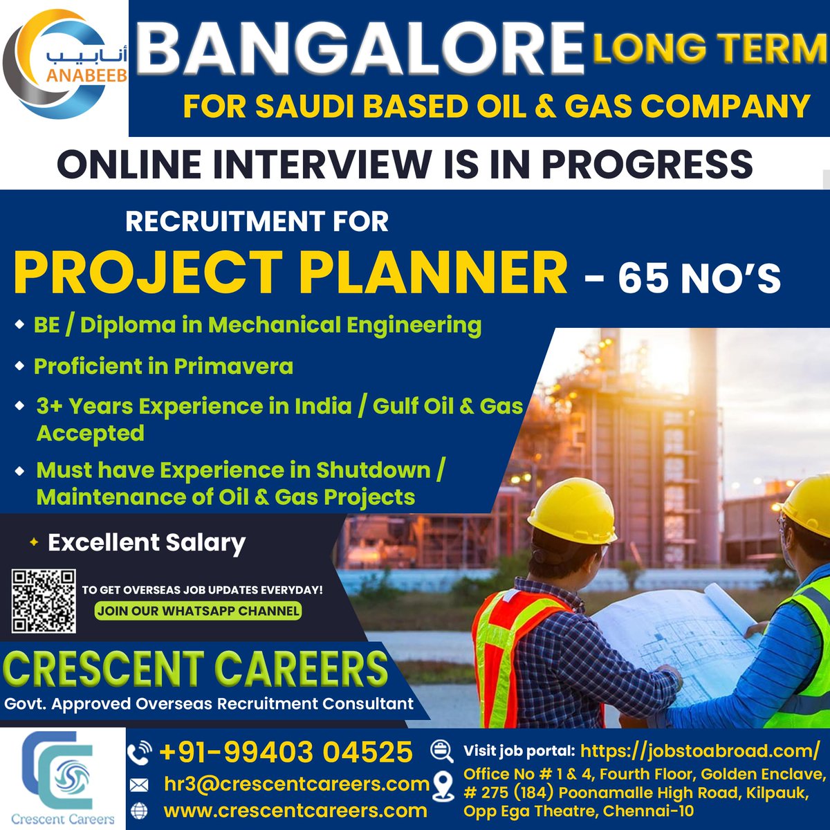 PROJECT PLANNER 
For Saudi Based Oil & Gas Company - Location Bangalore  
Long Term  
ONLINE INTERVIEW IS IN PROGRESS
Send your CV to: hr3@crescentcareers.com  
Contact: +91-99403 04525  
#projectplanner #bangalore #uaejobs #saudiarabia #oilandgas