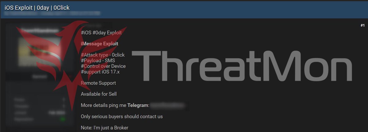 MonThreat's tweet photo. 🚨 Alleged Sale of iMessage Exploit
A threat actor claimed to have put the iMessage exploit up for sale. The attack type is allegedly 0click, the payload is SMS, supports iOS 17.x and has complete control over the device.
#iOS #0dayExploit https://t.co/BDAzl8rWJh