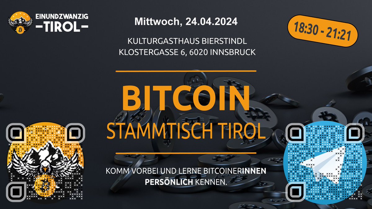 Das erste #Bitcoin Meetup nach dem #Halving am Mi 24.4. um 18:30 + Kurzvortrag von @lukaswaldner07 von @21energy_io über Block 840.000 und die neue Blocksubvention von 3,125 BTC, die umstrittenen #Runes und die hohen Transaktionsgebühren. ALLE sind herzlich willkommen! 🙌😃