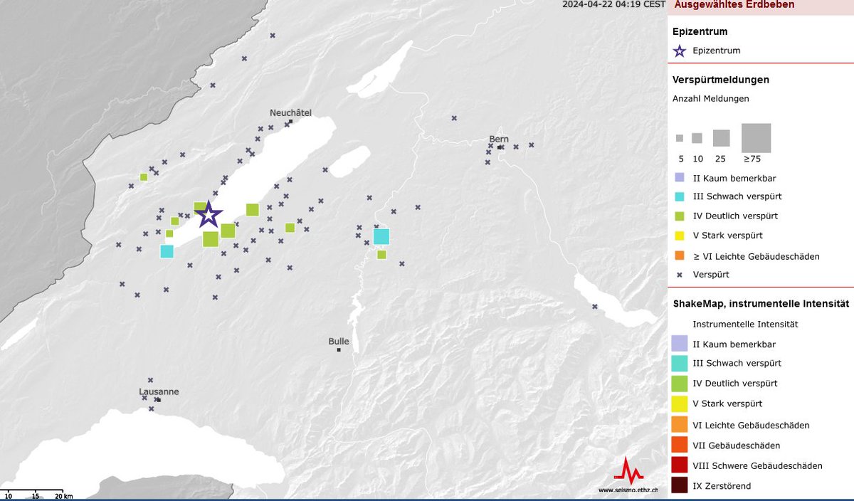 On Monday, 22 April 2024 at 3:35 am (local time), a magnitude 3.8 #earthquake occurred near Concise (VD), on the shores of Lake Neuchâtel. More information: seismo.ethz.ch/#news