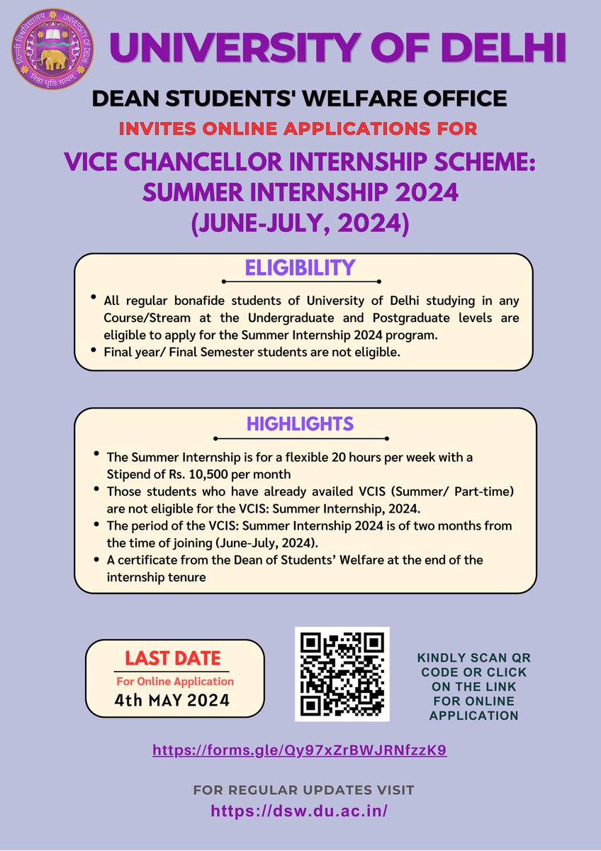 Vice Chancellor Internship Scheme : Summer Internship (VCIS) - Dean Students’ Welfare (June - July, 2024)