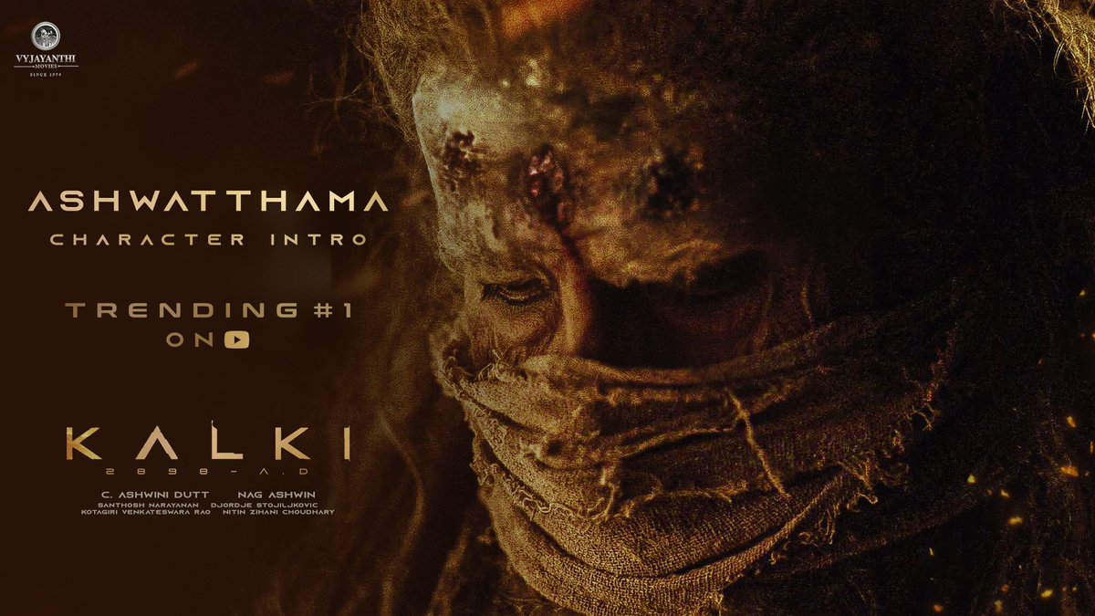 Trending at the top with all your love ❤️ The intro video of ‘ASHWATTHAMA’ is out now! youtu.be/t_E5zjFj6Ew #Kalki2898AD @SrBachchan @ikamalhaasan #Prabhas @deepikapadukone @nagashwin7 @DishPatani @Music_Santhosh @VyjayanthiFilms @Kalki2898AD