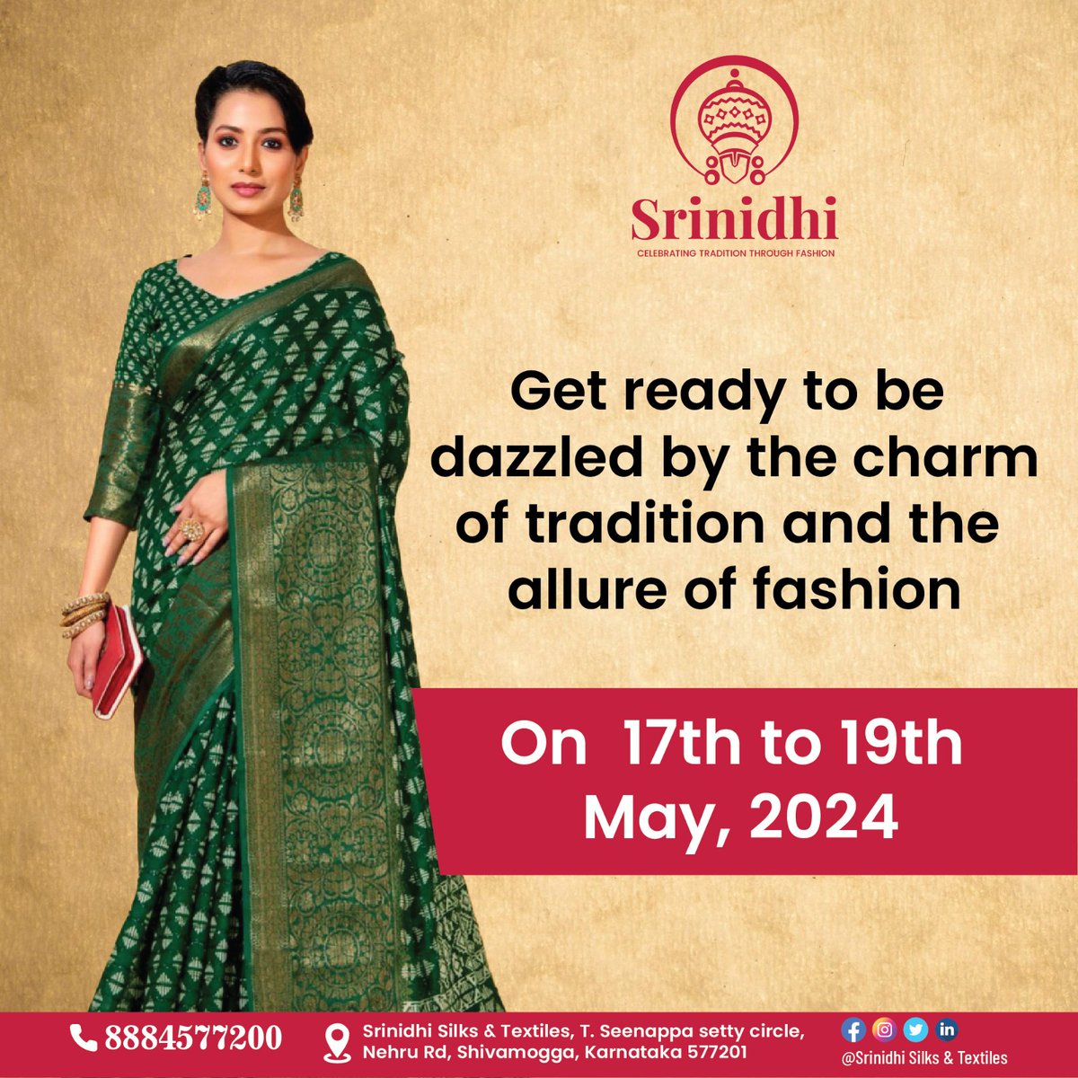 Prepare to be swept away by the timeless elegance of tradition and the irresistible allure of fashion! From the 17th to the 19th of May, 2024, Srinidhi Silks & Textiles invites you to immerse yourself in a world where heritage meets haute couture.
#Srinidhitextile #SilkSarees