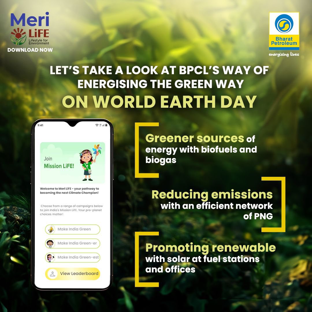 Join us in celebrating World Earth Day! 

At BPCL, we're proud to lead the way in eco-friendly energy solutions. From BioFuels to solar power, we're committed to reducing emissions and creating a cleaner planet for our future generations.

You too can be a part of the nation's