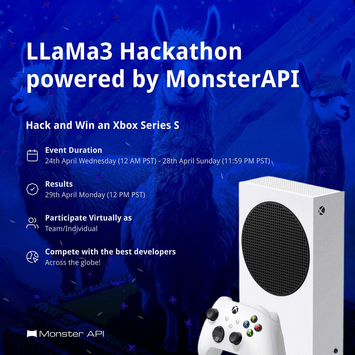 🌟 Hello Developers! 🌟 MonsterAPI is hosting a LLaMA3 Hack that you can be a part of. Use @monsterapis state-of-the-art MonsterGPT to fine-tune LLaMA3, and show off your skills by competing against some of the best large language models in coding and logical reasoning tasks!…