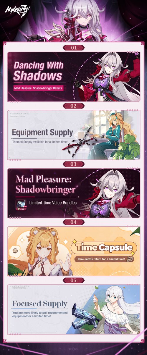 ☆☆ New Events in Version Update Week #2 ☆☆ Available after the v7.4 update: Mad Pleasure: Shadowbringer Battlesuit Supply and her recommended Equipment Supply, etc. Please follow our announcements for further details. #HonkaiImpact3rd