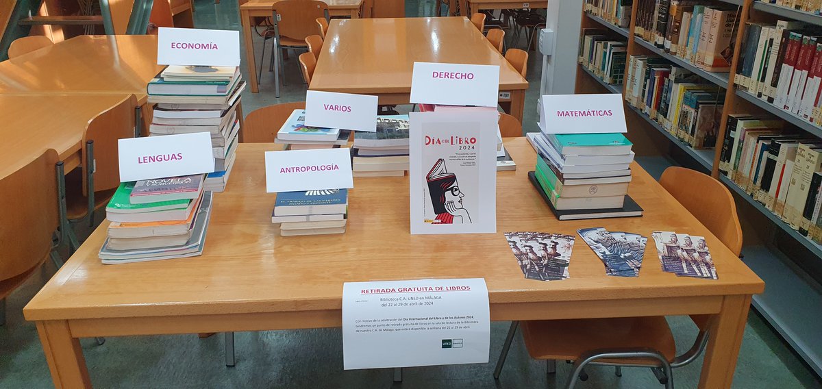 UNEDMalaga's tweet photo. Con motivo de la celebración del #DiaDelLibro  tendremos un punto de retirada gratuita de libros en la sala de lectura de la #Biblioteca de nuestro Centro, que estará disponible la semana del 22 al 29 de abril.

#UNED #SomosUNED #Unedianos #Málaga #Lectura https://t.co/JfQt2mCtUF