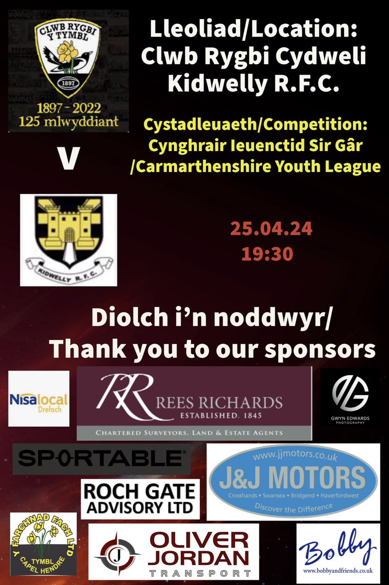 Gêm ganol wythnos…we travel to <a href="/kidwellyrfcu16/">Kidwelly RFC Youth!</a> for our final league fixture…come and support the boys💪🏉⚫️⚪️ #YmlaenYPiod #YouthRugbyRising <a href="/TumbleRFC/">Clwb Rygbi Y Tymbl</a> <a href="/AllWalesSport/">All Wales Sport</a>