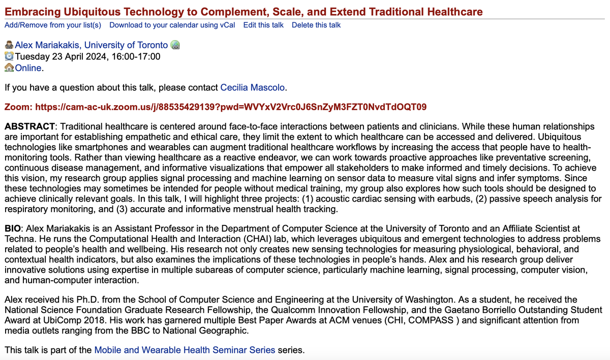 The next Mobile and Wearable Health Seminar is tomorrow (Tuesday) at 4pm UK time online: Alex Mariakakis 'Embracing Ubiquitous Technology to Complement, Scale, and Extend Traditional Healthcare' talks.cam.ac.uk/talk/index/204…