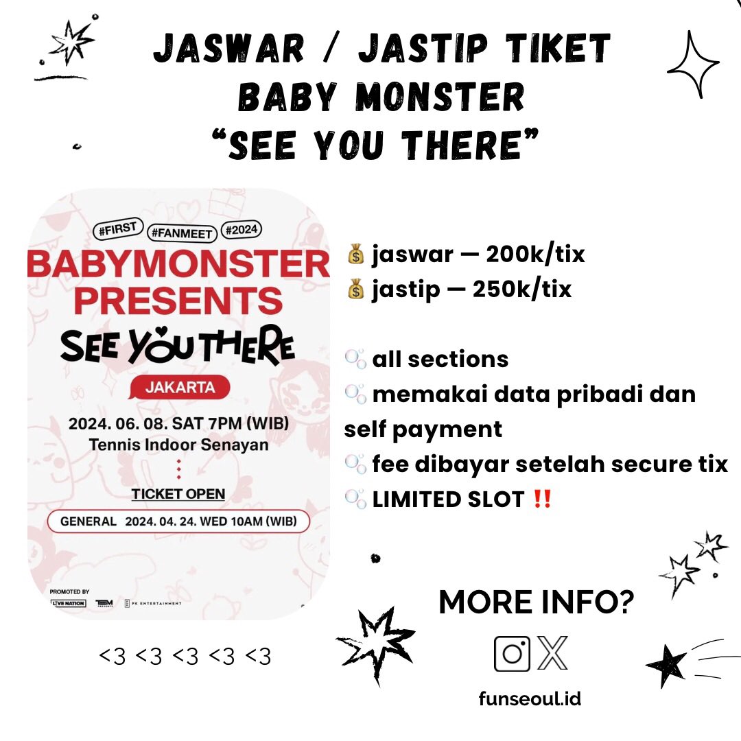 funseoul_id's tweet photo. OPEN JASTIP / JASWAR BABY MONSTER — SEE YOU THERE

💰jaswar — 200k/tix
💰jastip — 250k/tix 

✅all sections
✅memakai data pribadi dan self payment 
✅fee dibayar setelah secure tix
✅limited slot‼️

#베이비몬스터 #BABYMONSTERPRESENTS #SEEYOUTHERE #jastip #fanmeeting https://t.co/9VOXICqqfR