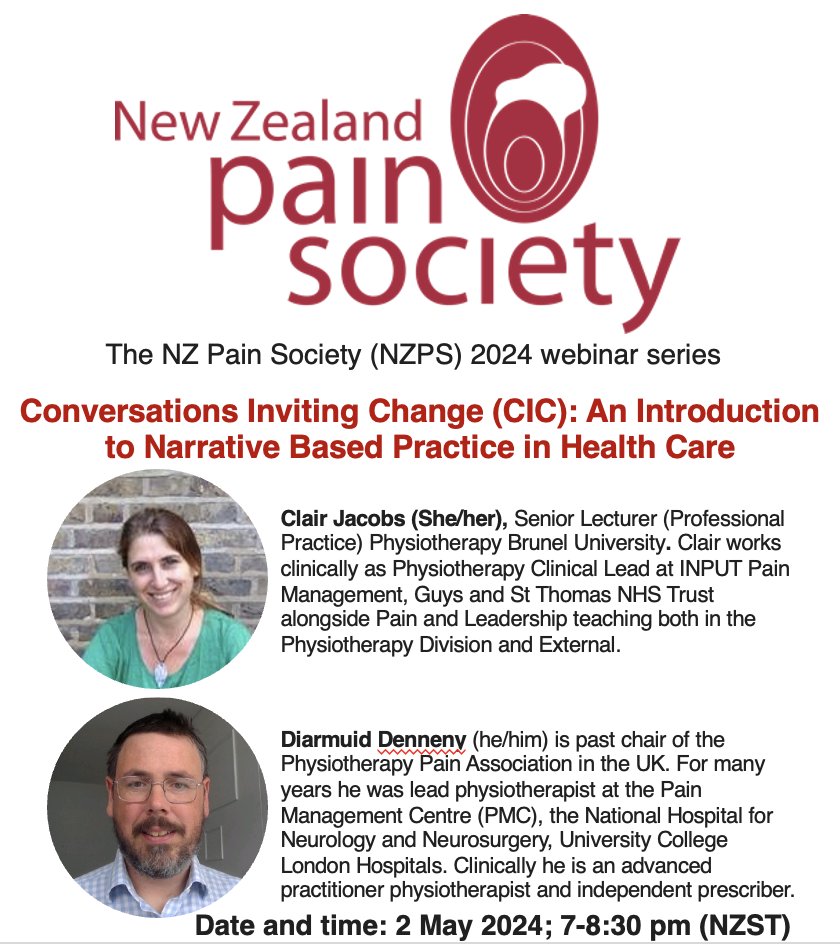 📢<a href="/NZPainSoc/">New Zealand Pain Society</a> 2024 webinar series presents:
🗣️ "Conversations Inviting Change (CIC): An Introduction to Narrative Based Practice in Health Care"  🧑‍⚕️Clair Jacobs &amp; Diarmuid Denneny
📅2 May 2024; 7-8:30 pm (NZST)

<a href="/NZPainSoc/">New Zealand Pain Society</a> &amp; <a href="/AusPainSoc/">Australian Pain Soc</a> Members: Free
Non-members $20