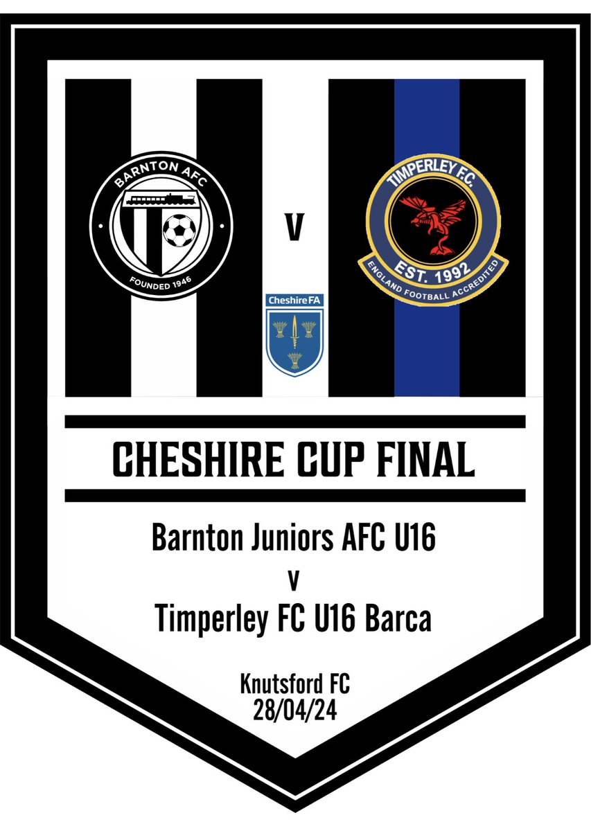 It’s CUP FINAL week 😀🏆⚽️⚫️⚪️ @CCFACountyCups U16 Barnton Juniors 🆚 Timperley Barca 📆 Sunday 28th April ⏱13:30ko 🏟@KnutsfordFC Let’s get down and support the lads 👍🏻⚽️⚫️⚪️ #oneclub #villagers #FinoAllaFine