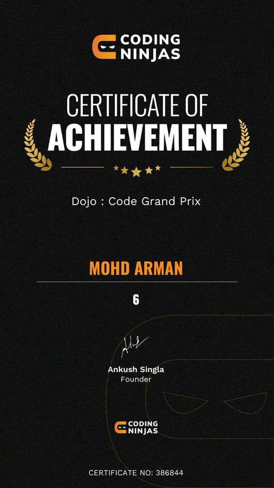 Hi Everyone, Glad to announce that I have got Rank 6 at Dojo: Grand Prix Coding challenge organised at code360. Thanks Coding Ninjas for such an event.