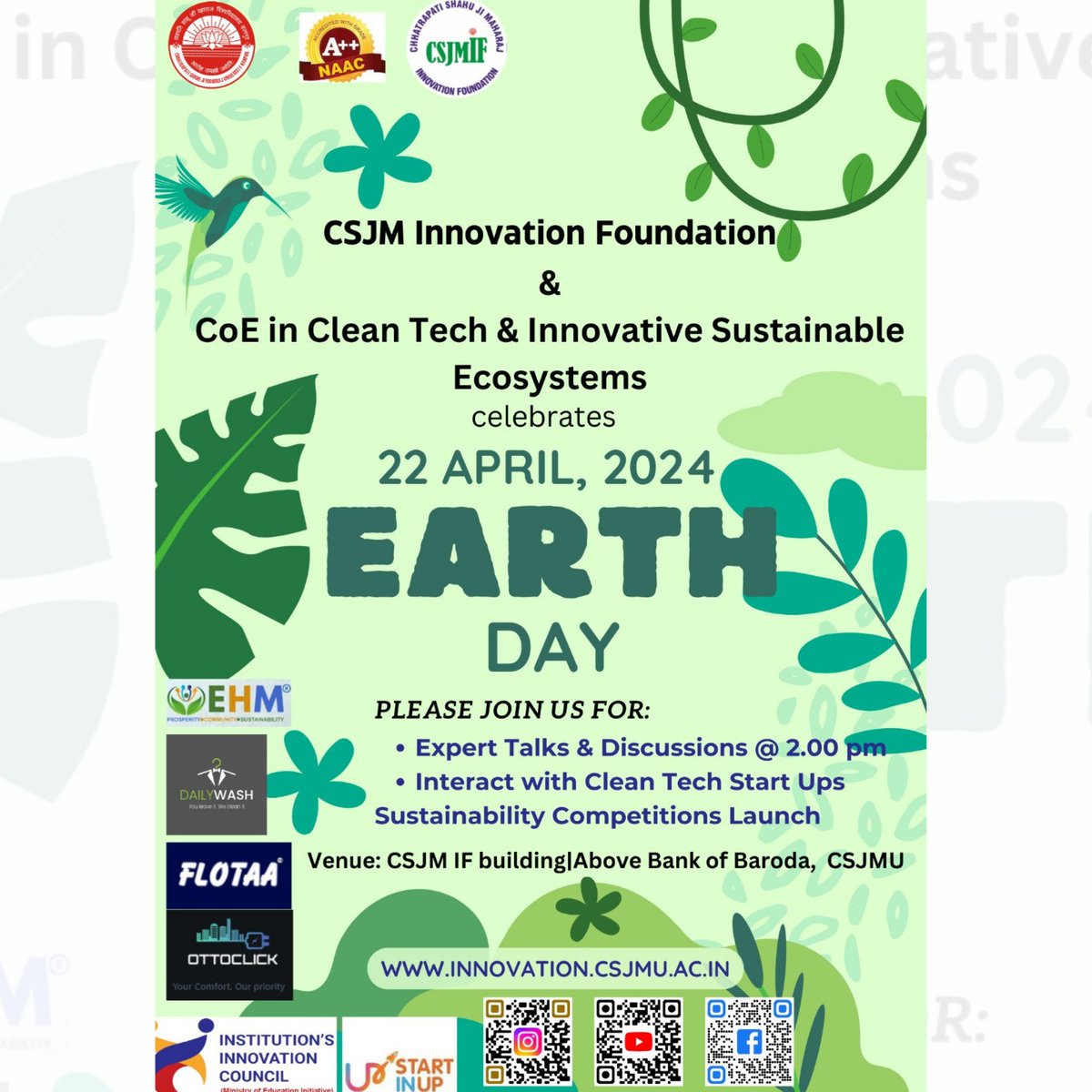 CSJMIF's tweet photo. CSJM Innovation Foundation and CoE in Clean Tech and Innovative Sustainable Ecosystems celebrate Earth Day. In line with the event, CSJM Innovation Foundation conducts expert talk and discussion with start-ups on sustainability.

@CSJM_University @EduMinOfIndia @mhrd_innovation https://t.co/k8g8WQrWgJ