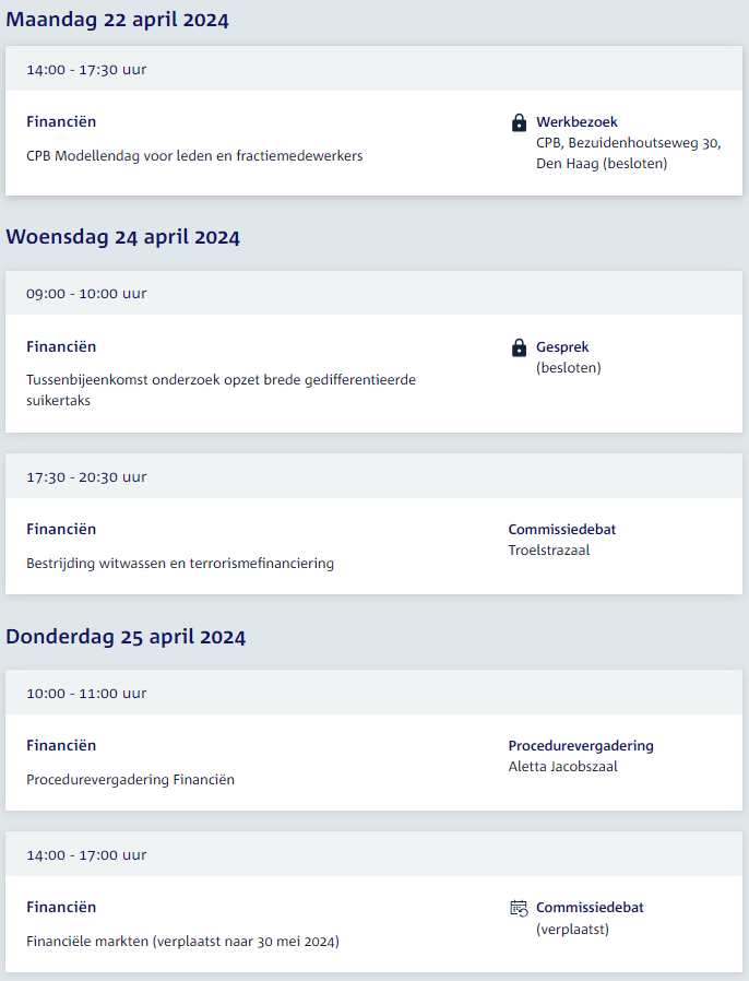 In de laatste week voor het meireces ziet de agenda van de commissie voor Financiën er zo uit: