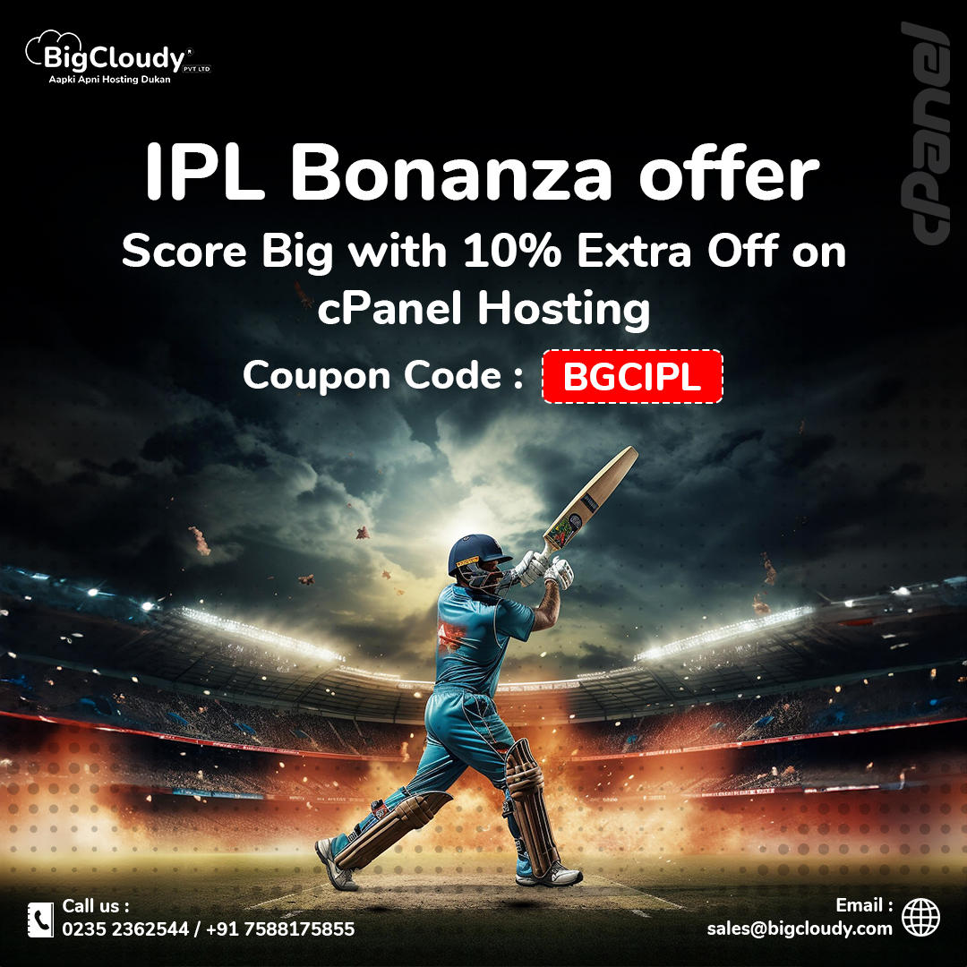 Get ready🏏to hit a six with our #IPL Bonanza Offer! Enjoy 10%🤩off #cPanel Hosting and take your website to the next level.🚀

Use Coupon code BGCIPL now!💰

Click t.ly/EV2LA to upgrade your #Website for the cricket season. 🥎

#IPL2024 #IPL24 #WebHosting #BigCloudy