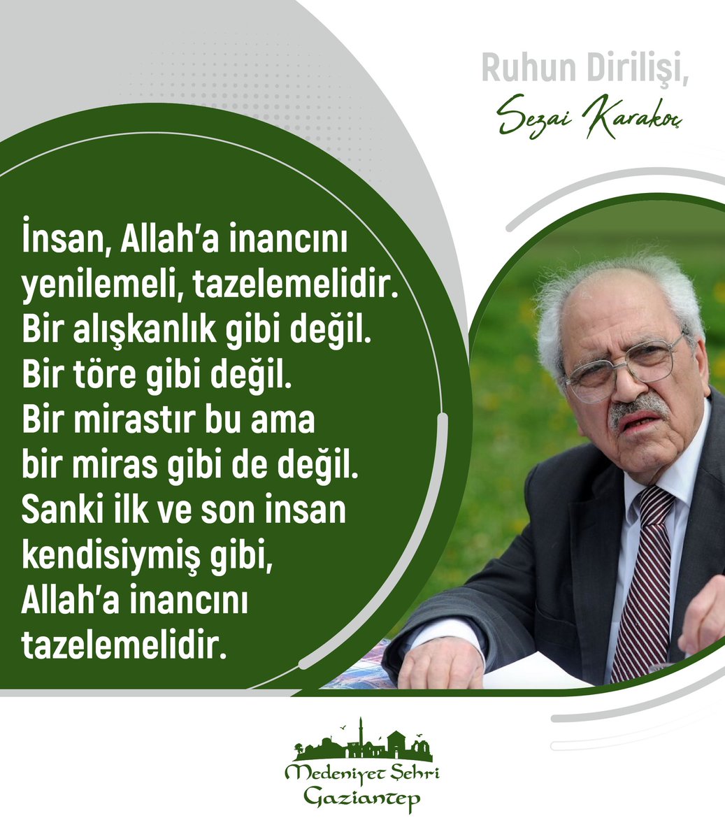 İnsan Allah’a inancını yenilemeli, tazelemelidir. Bir alışkanlık gibi değil, bir töre gibi değil. Bir mirastır bu ama bir miras gibi de değil. Sanki ilk ve son insan kendisiymiş gibi Allah’a inancını tazelemelidir. 🖊️ #SezaiKarakoç