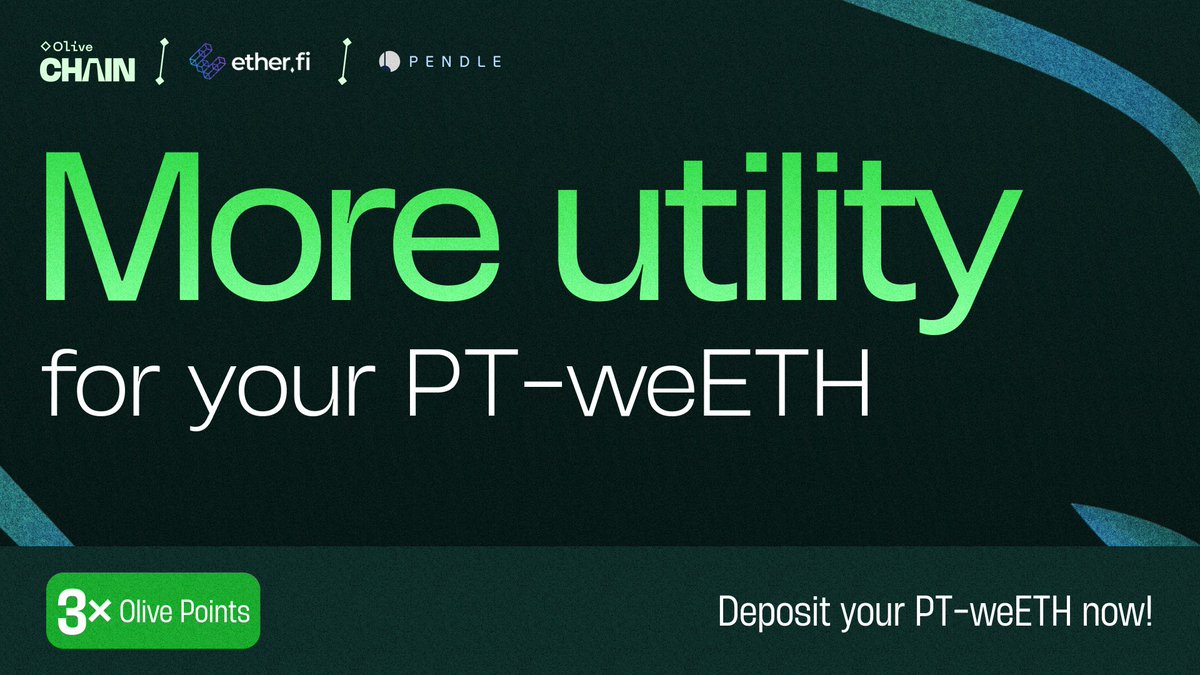 Introducing the ENDGAME for your PT-weETH🤯 Now, PT-weETH holders can deposit their tokens into Olive on the Ethereum & Arbitrum chain to earn 3X Boost on Olive Points. ✅ Don't let it sit idle - bring 'em over at Olive! 🍸 And farm 3x olive points with zero hassle.. @0xOlive