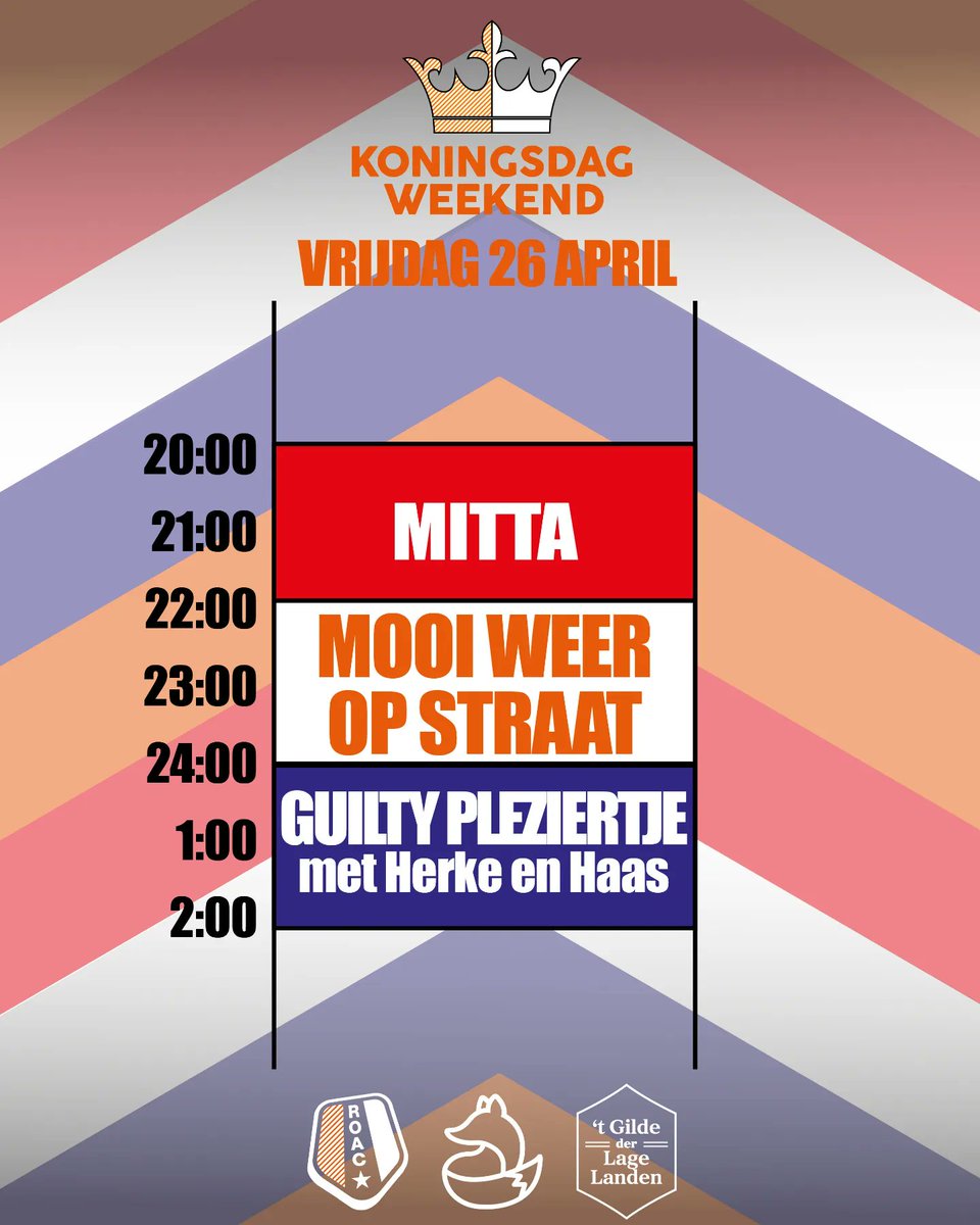De tijden voor komend weekend! 

(De koninklijke borrel is geen artiest, maar staat voor gezellig een drankje doen op het terrein.)