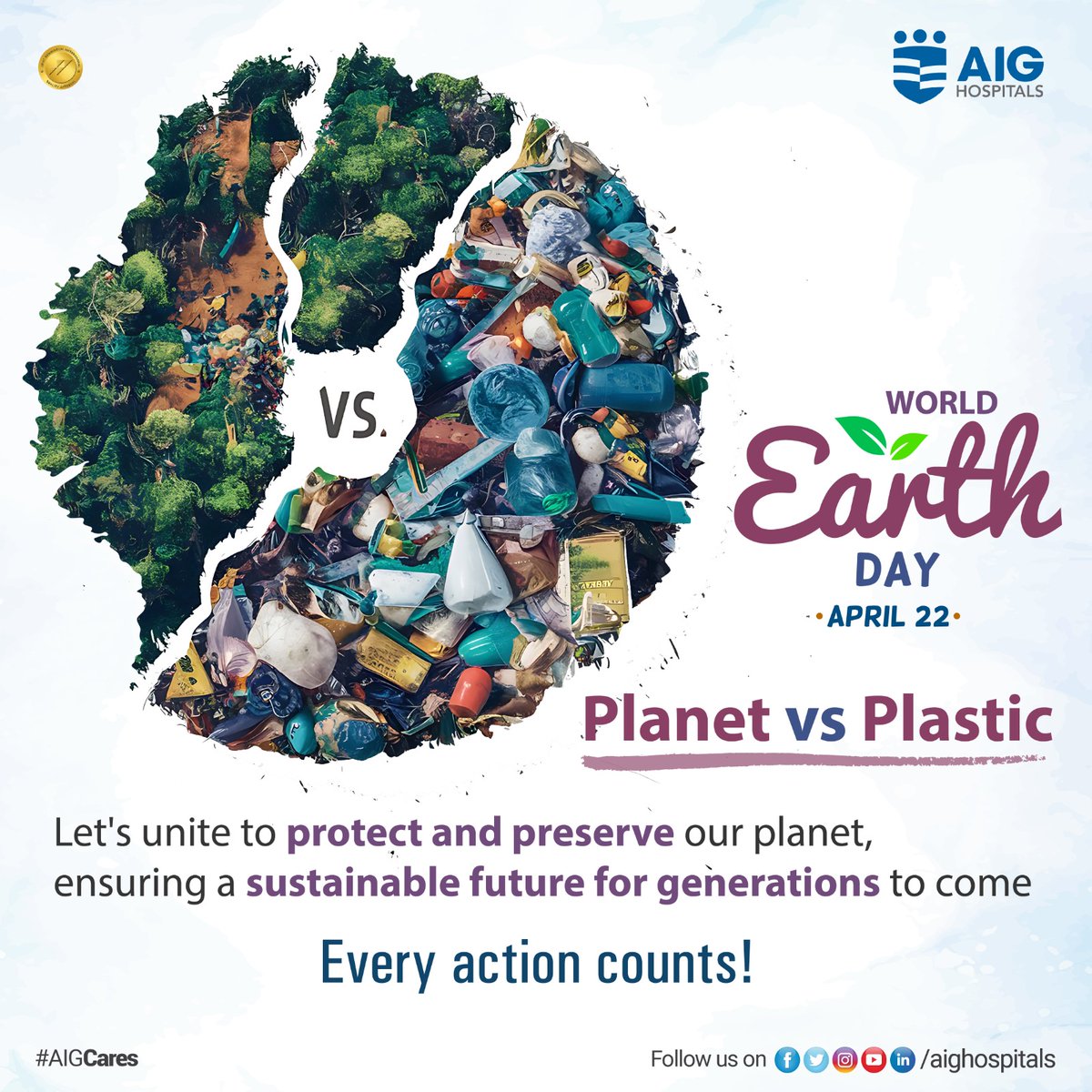 World Earth Day! 🌍 Let's unite to protect and preserve our planet, ensuring a sustainable future for generations to come. Every action counts! 🌱 Planet Vs Plastic #EarthDay #WorldEarthDay #ProtectOurPlanet #AIGHospitals #Awareness #Health #AIGCares #Planet #Plastic #world