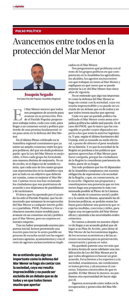 🔵El #MarMenor merece que todos nos pongamos de acuerdo para avanzar en su protección 

La voz de la sociedad es imprescindible y no puede ser excluida de un debate que es de todos y en el que todos tienen mucho que aportar 

🗞️ @diariolaopinion