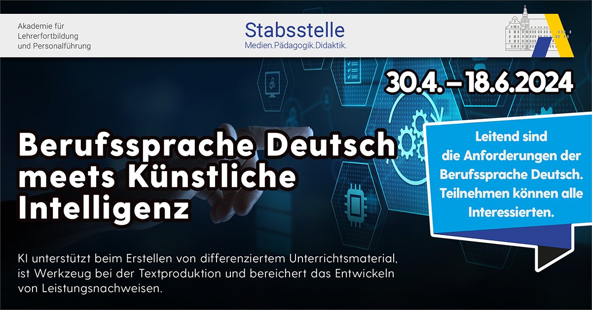 Die neue Online-Reihe für #BeruflicheSchulen zeigt, wie #KI für #sprachsensiblen Unterricht in #Deutsch genutzt werden kann und ein hilfreiches Instrument für Lehrkräfte wie SuS darstellt. Start: 30.4.
Alle Infos & Termine👉alp.dillingen.de/fileadmin/user…
#twlz #BayernEdu #BdB @KM_Bayern