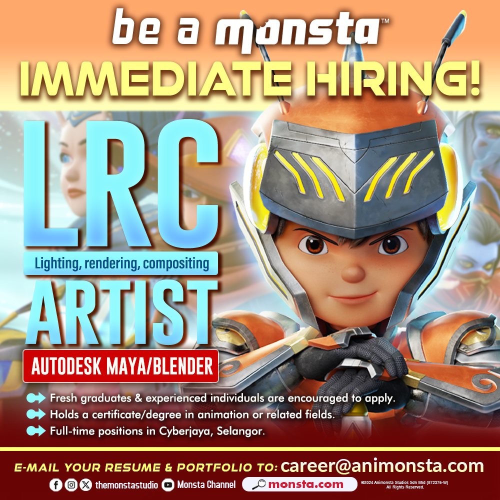 🥳 Be a #MONSTA Calling for LRC Artists! Permanent hiring in Cyberjaya, Selangor! #Mechamato #BoBoiBoy #PapaPipi #AniMY