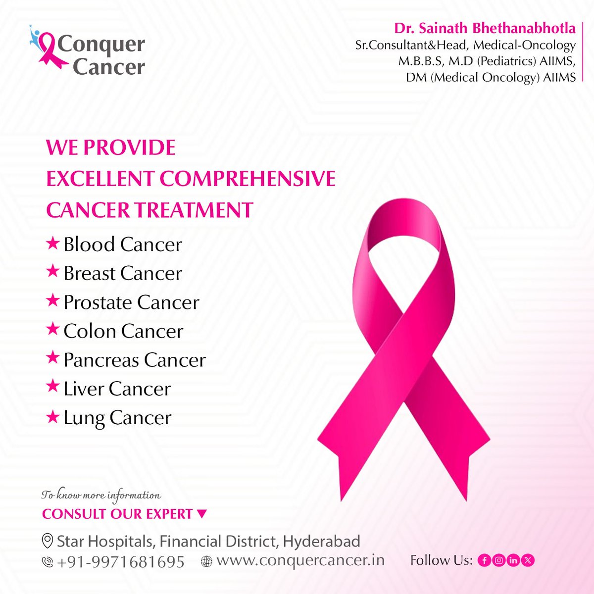 🎗️ Conquer cancer with us! 💪 We're dedicated to providing excellent comprehensive treatment for all types of cancer, including:
🩸 Blood Cancer
🎀 Breast Cancer
👨‍⚕️ Prostate Cancer
🦠 Colon Cancer
🥄 Pancreatic Cancer
🍏 Liver Cancer
🫁 Lung Cancer