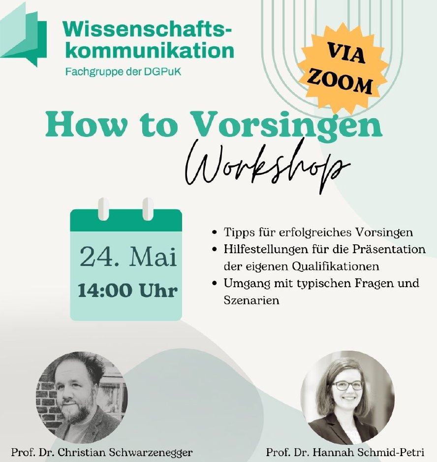 Das Mittelbaunetzwerk Wissenschaftskommunikation lädt zum nächsten #wisskommcoffee ein! 📅 24. Mai, 14:00 Uhr via Zoom.  Das Thema: «How to Vorsingen» mit Prof. Dr. Christian Schwarzenegger &amp; Prof. Dr. Hannah Schmid-Petri. Anmeldung bis zum 22. Mai, mittelbau_wisskomm@dgpuk.de