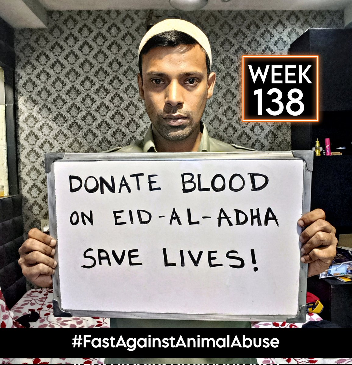 I completed week 138 of the campaign #FastAgainstAnimalAbuse yesterday. I dry fast 24 hours every Sunday to bring attention to Animal Rights issues. I do hunger strike in solidarity with all Animals. This week's message : Donate Blood On Eid Al Adha. Save Lives! ❤️🙏🏾