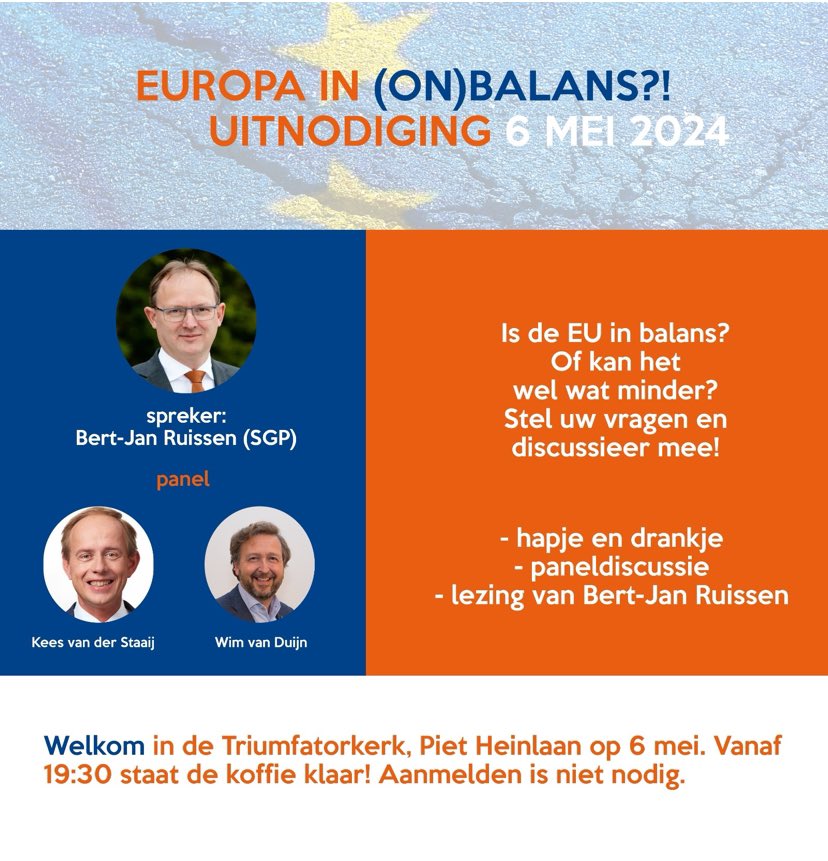 Is de EU in balans? Of mag het wel wat minder? Welkom bij onze bijeenkomst hierover maandagavond 6 mei in Katwijk aan Zee. Ook met onze lijstduwer @keesvdstaaij en raadslid @WJvanDuijn van @sgpkatwijk !