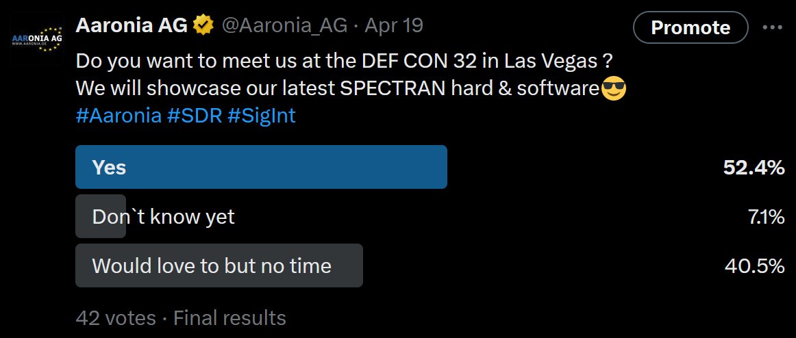 Looks like we need to setup a Vendor Booth at the DEF CON 32?😎
Should we? Might offer 'local' sales for the SPECTRAN V6 at a nice discount if enough people are interested.
#Aaronia #SDR #SigInt #SpectrumAnalyzer #RF #Tech #Defcon #Defcon32