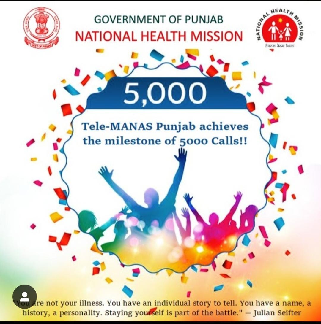 Tele-MANAS Punjab Achieves the Milestone of 5000 Calls. You can call at 18008914416 and get facility for free treatment from Expert Doctors