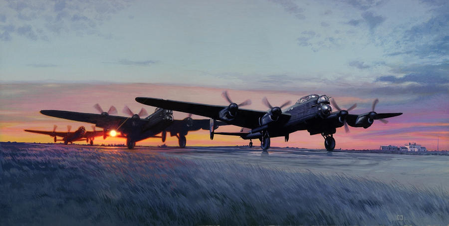 RAF Lancasters line up for a night mission - 1943. Gouache - painted 1993 #RAF #LancasterBomber