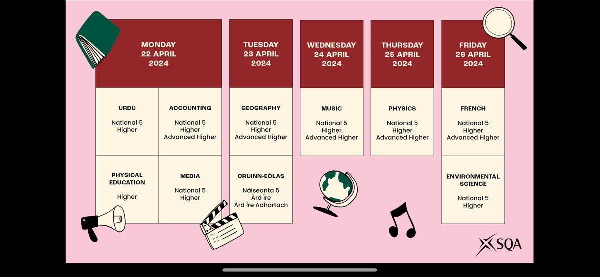 Good luck to all pupils beginning their <a href="/sqanews/">Qualifications Scotland</a> exams starting today! Here’s the line up for the week!