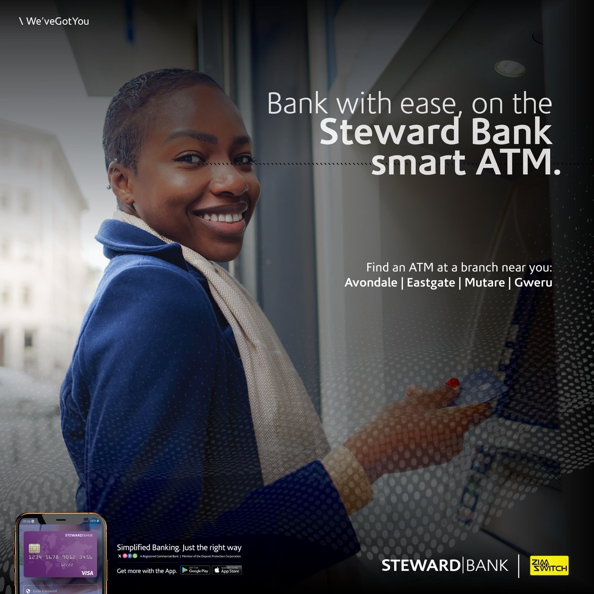 Bank with ease on the Steward Bank smart ATM! 🟪Locations: Avondale branch, Eastgate branch, Gweru branch and Mutare branch. ✅Withdraw USD cash, check balance, change PIN and more. #WeveGotYou