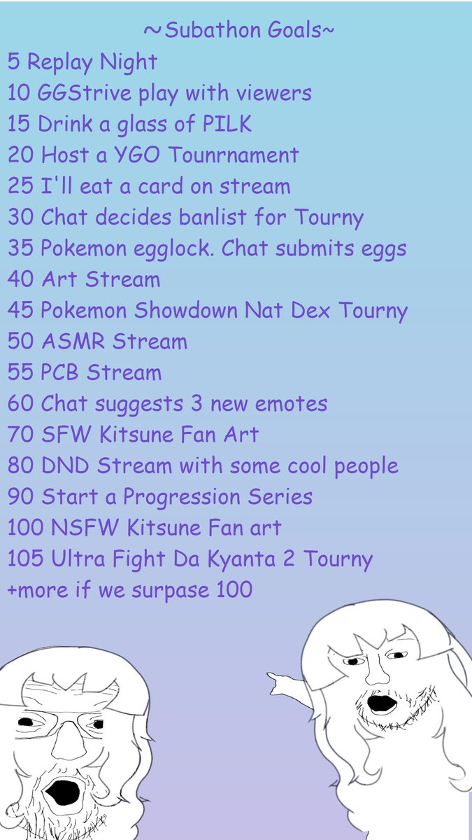 This is INCRIDEBLY IMPROMPTU, but if you've been following me on Twitch or in my Discord you'll know that im finaling getting around to the Subathon I've been thinking of doin

And it's gonna be held this week starting LITERALLY TODAY

Here's the schedule and goals

cya there