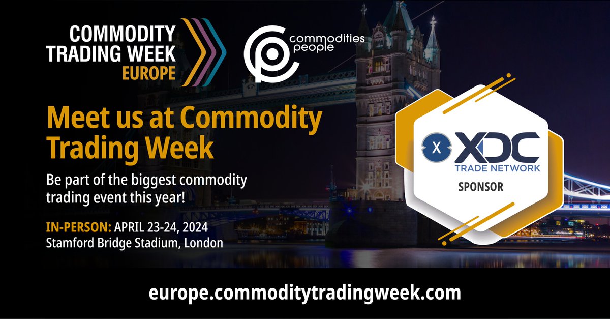 Join us at Commodity Trading Week! XDC Trade Network will present its revolutionary Trade Digitalisation solution which helps you to go paperless and guarantees finding Trade Finance. 🗓️April 23-24 📍Stamford Bridge Stadium, London 🔗 commoditytradingweek.com/ctweu24-xdc-so… #commoditytradingweek