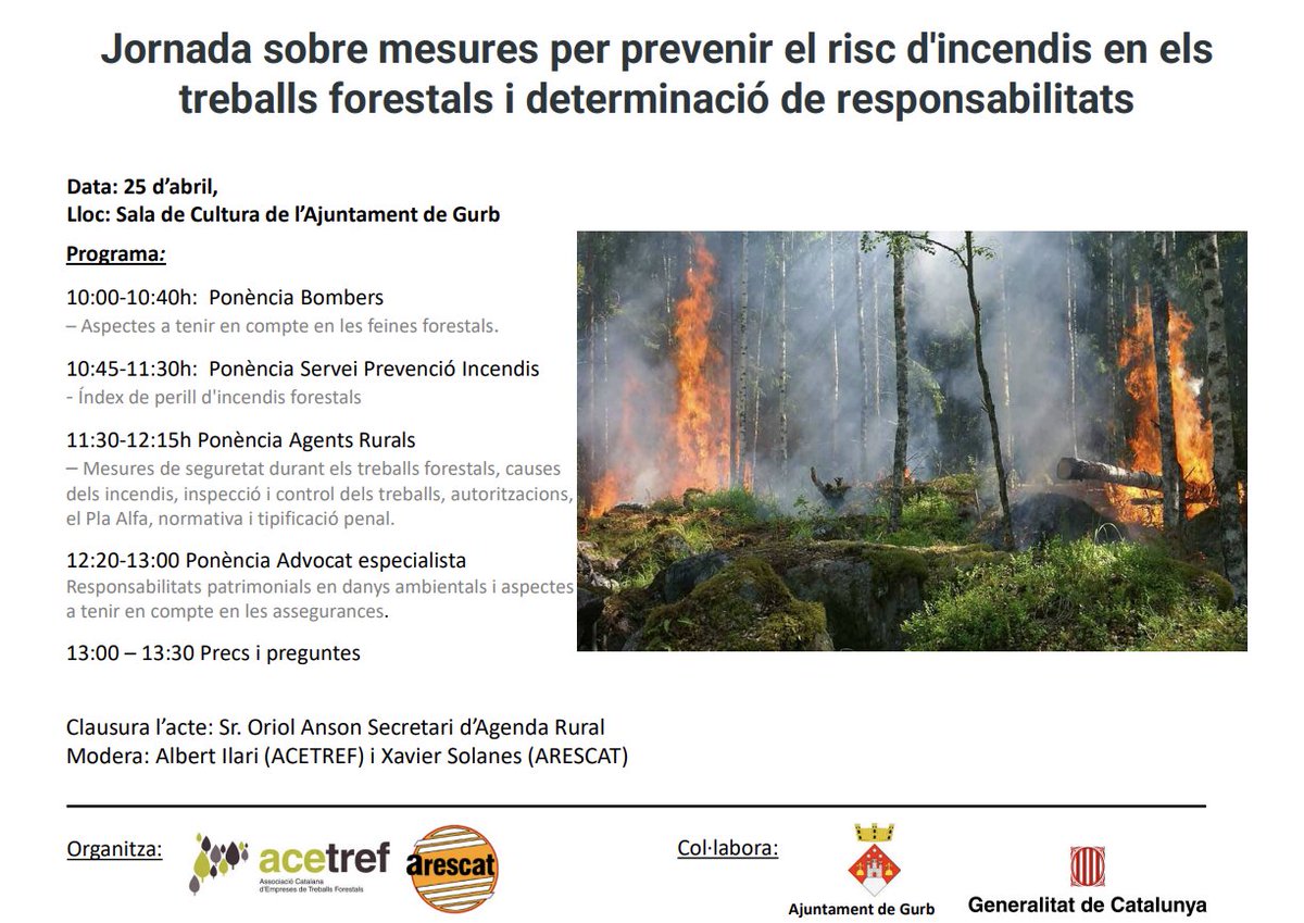 Mesures per prevenir el risc d’incendis en els treballs forestals i determinació de responsabilitats 
Data: 25 d’abril, a les 10 h
Lloc: Sala de Cultura de l’Ajuntament de Gurb
gremijardineria.cat/mesures-per-pr…