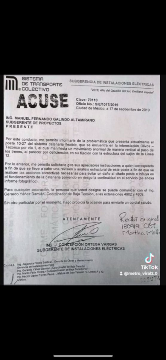 GuacamayanLeaks's tweet image. Se filtra documento donde, se le informó a @Claudiashein la posibilidad del desplome de la línea 12 del metro, meses antes del fatal accidente.

#GuacamayaLeaks
#GuacamayaNews