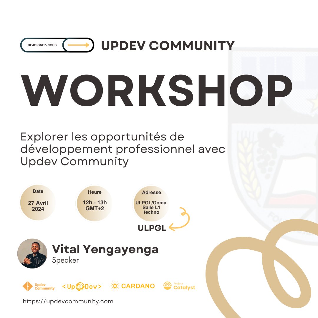 Dans le cadre de notre mission de sensibilisation au partage des connaissances sur la #plateforme #UpdevCommunity, nous organisons notre prochain événement ce Samedi 27 Avril à l'ULPGL/Goma.

Ne manquez pas cette #opportunité d'apprendre à partager vos connaissances pour…