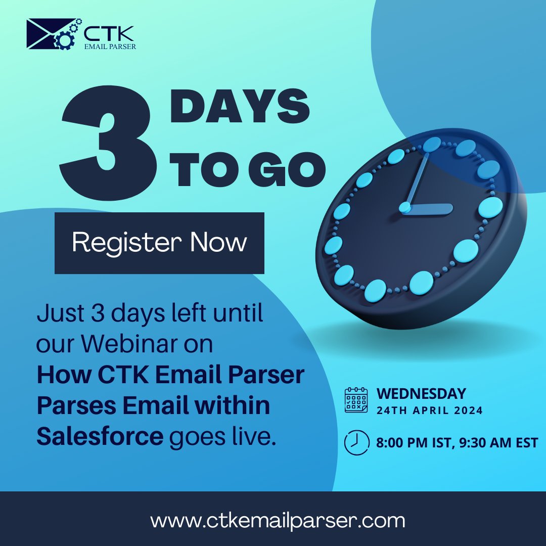 🚀 Only 3 days left until our webinar! Are you ready to take your hashtag#Salesforce game to the next level? Join us as we dive into the power of CTK Email Parser. Secure your spot now! 👉 lnkd.in/gRwnfP-K #Webinar #Countdown #3daystogo #Registernow