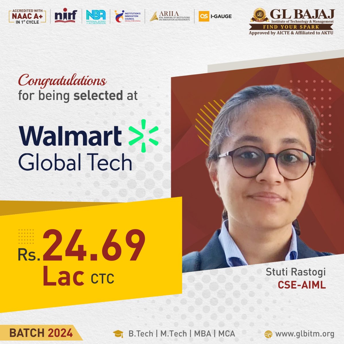 The shining star of B.Tech (CSE-AIML) Batch 2024, Stuti Rastogi of #GLBajaj (GLBITM) has secured a stunning #placement at Walmart Global Tech at a dream package of 24.69 lakh.
 #GLBITM #campusplacement #jobs2024 #Walmart #WalmartGlobalTech #CSEAIML #AIML