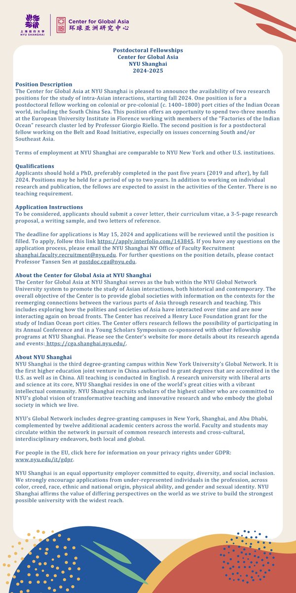 Call for Applications AY 2024-2025 NYUSH CGA Postdoctoral Fellowships cga.shanghai.nyu.edu/aboutus/opport…