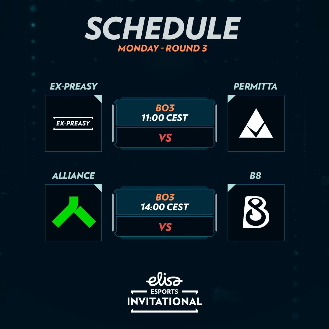 🔥 Kick off your week with #ElisaInvitational Spring 2024 Main Swiss! Today's action-packed matches ⬇️ 🕚 11:00 CEST - ex-Preasy vs. @Permittaesports 🕑 14:00 CEST - @theAllianceGG vs. @B8esportsGG Catch it live 👉 twitch.tv/elisaesports