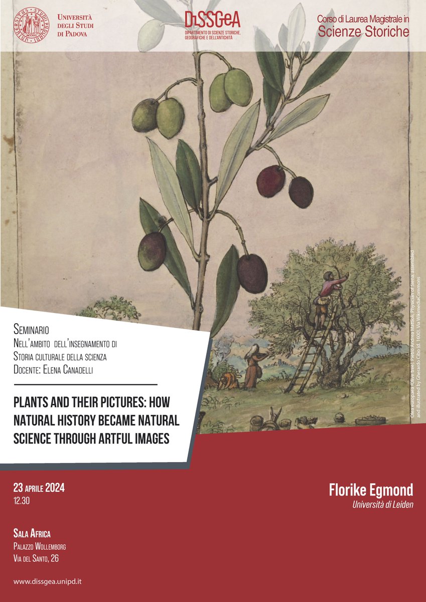23 aprile 2024 - ore 12.30 | Seminario Sala Africa, Palazzo Wollemborg Florike Egmond (Università di Leiden), Plants and their Pictures: How Natural History became Natural Science through Artful Images Web: dissgea.unipd.it/seminario-plan…