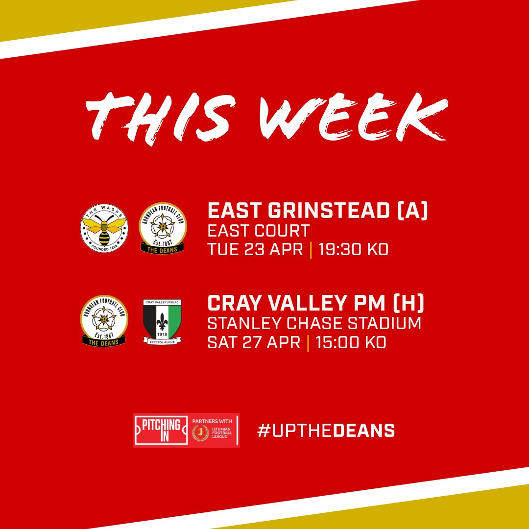 Into the final week of the season, 2 games to go! 🔴⚪ Away 🆚 @egtfcwasps Tuesday 23rd April | 19:30 KO Home 🆚 @CrayValleyPM Saturday 27th April | 15:00 🏟️ We return to PO8 on Saturday! #UpTheDeans